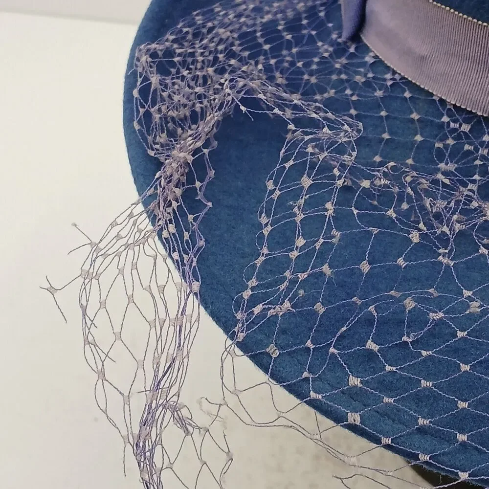 Womens Fedora Hat Blue Wool Netting with Band 100% Wool Lancaster USA